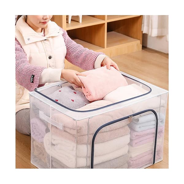 Fabric Clothes Steel Transparent Storage Box Bedding Blanket Pillow Shoe Rack Container Foldable S
