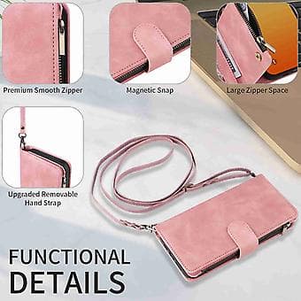 Læderpung-etui med lynlås til iPhone 15 Pro Max (Pink)