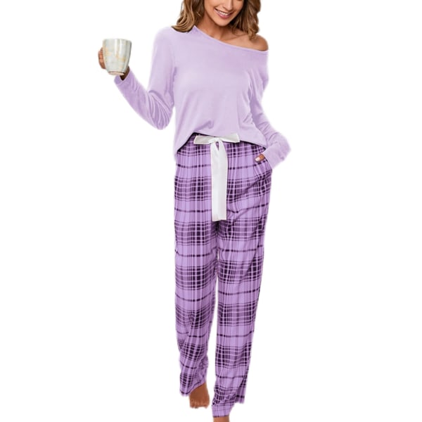 Fritidsdräkter Rundhalsad set för damer Sovplätad nattkläder Tvådelade outfits Elastisk midja Loungewear, färg: lila, storlek: XL