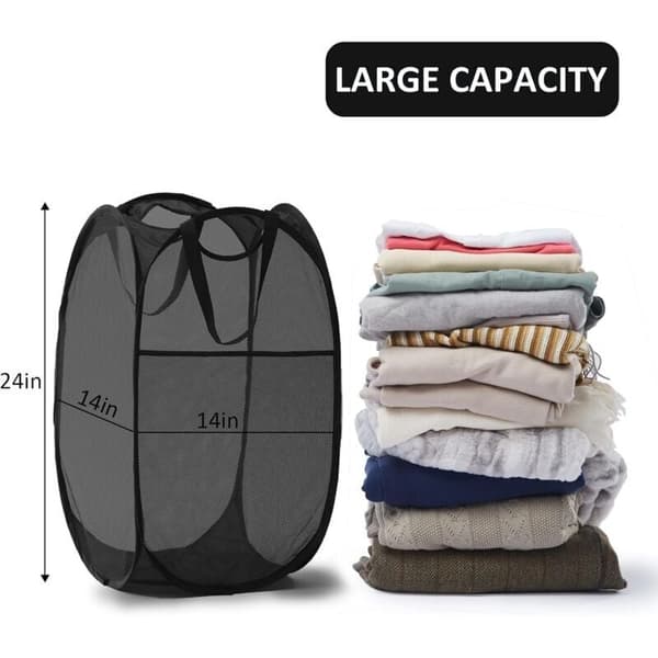 Pop-up Mesh Laundry Hamper with Durable Handles - Portable Foldable Laundry Baskets for Dorms, Bathrooms, and Travel (Black)