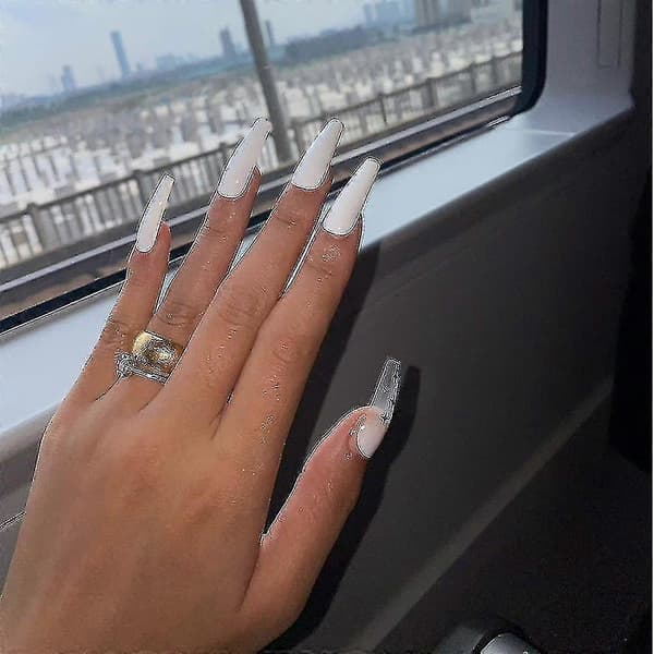 Coffin False Nails White Long False Nails Star Glitter Press On Nails 24pcs