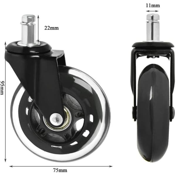 5 stk Silikonehjul til Kontorstol, 11 mm Stammediameter, Sort