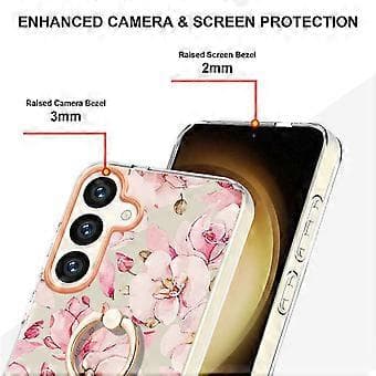 Compatible Back Cover for Samsung Galaxy S24 with Ring Stand Flower Pattern Electroplated TPU Case (Pink)