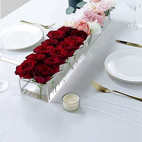 Klar akryl blomstervase 12 hull rektangulær blomsterarrangement til spisebord Moderne dekorativ rektangulær vase