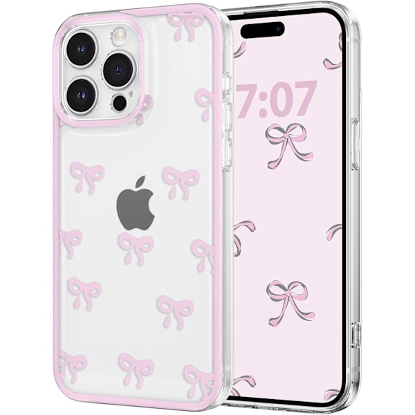 Kuori iPhone 15 PROMAX -puhelimelle, Läpinäkyvä Söpö Nauha Rusetti Kuvio Esteettinen Läpinäkyvä Puhelinkuori Korotettu Kameran Suoja Tytöille - Pinkki iPhone 15PROMAX