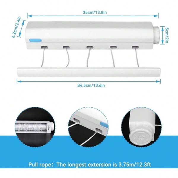 Retractable Clothesline - 5 Lines - 3.75 m Cable - Hanging Clothes Dryer - Ideal for Camping - Rollable - White