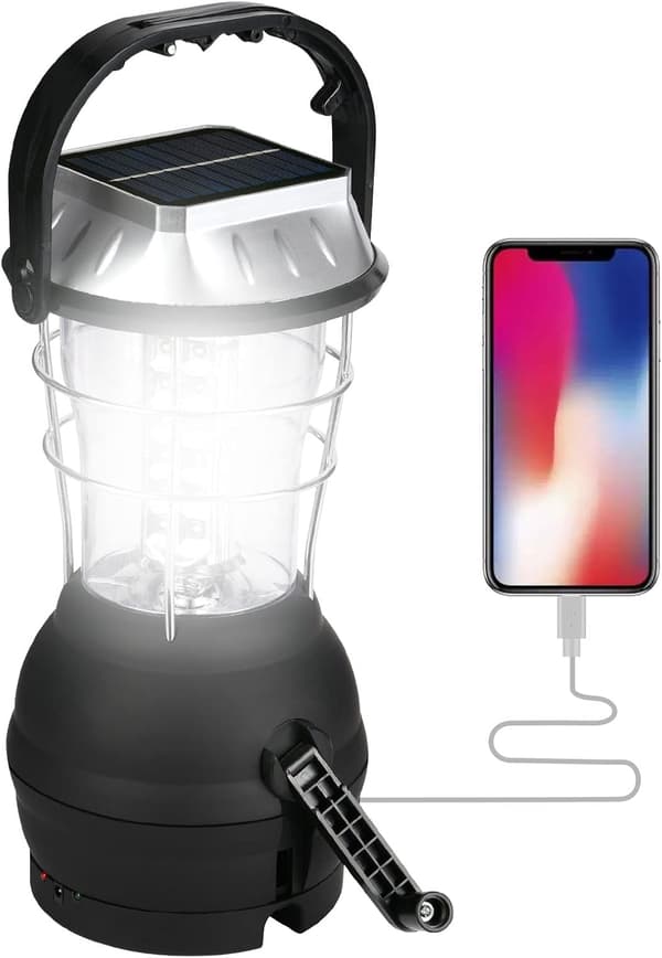 Solarlampe, 5 lademetoder, 3 justerbare lysmoduser, med håndsveivdynamo, ultralys oppladbar LED-campinglykt [Energiklasse A+++]