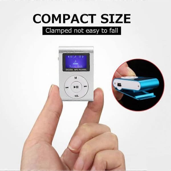 Bärbar Mini MP3-musikspelare, LCD-skärm Sport Back Clip MP3-spelare Stöder Minneskort (Silver)
