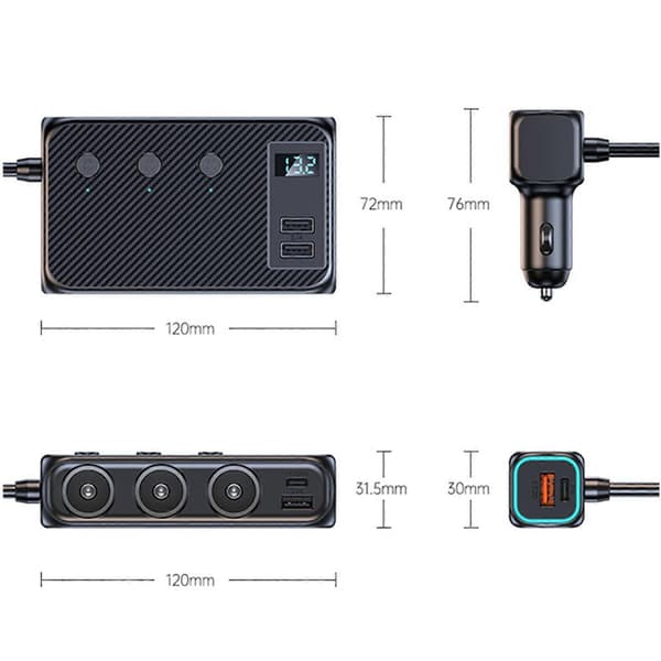 9-i-1 Sigarettenneruttak Splitter USB-C Hurtiglader Strømadapter Uttak