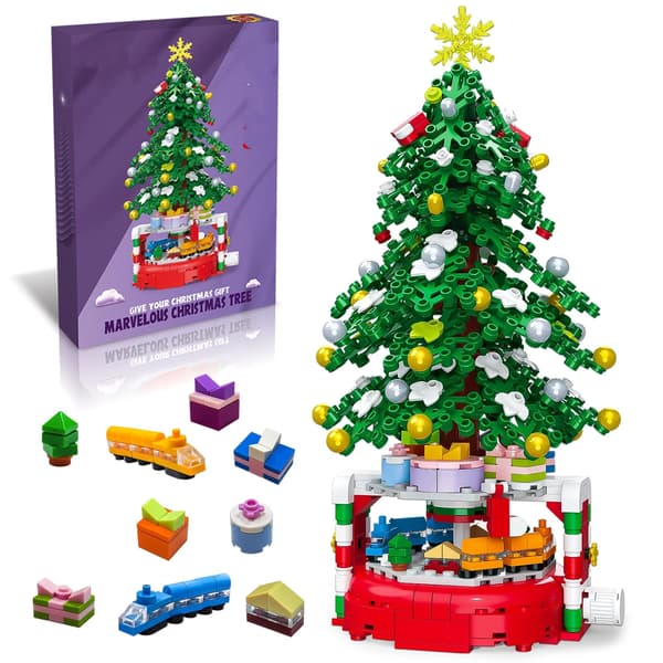 Christmas Tree Building Kit, 220 Pieces, Rotating Base with Ornaments and Star