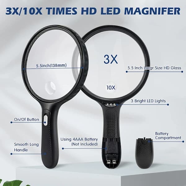 Magnifying Glass with Light, 14 cm Large Magnifying Glass 3X 10X,A