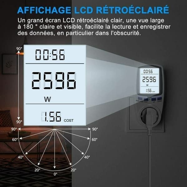 Energy Meter Plug with LCD Display - Compatible with 185V-264V, Measures Power Consumption