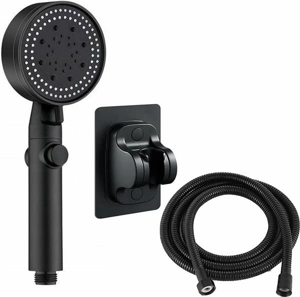 Shower Head with Hose and Wall Mount, 6 Modes, Water-Saving Handheld Shower Set with Stop Button, Matte Black