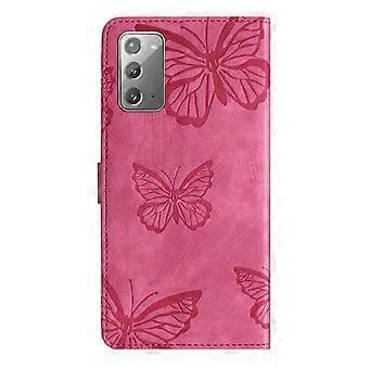 Compatible with Samsung Galaxy Note 20 Embossed Butterfly Case with Wallet and Stand Function - Pink Rose Rose