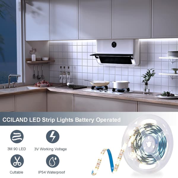 3m Battery Operated LED Strip Lights with Remote, 90 LED Waterproof, 8 Modes, Dimmable, Cuttable (Cool White)