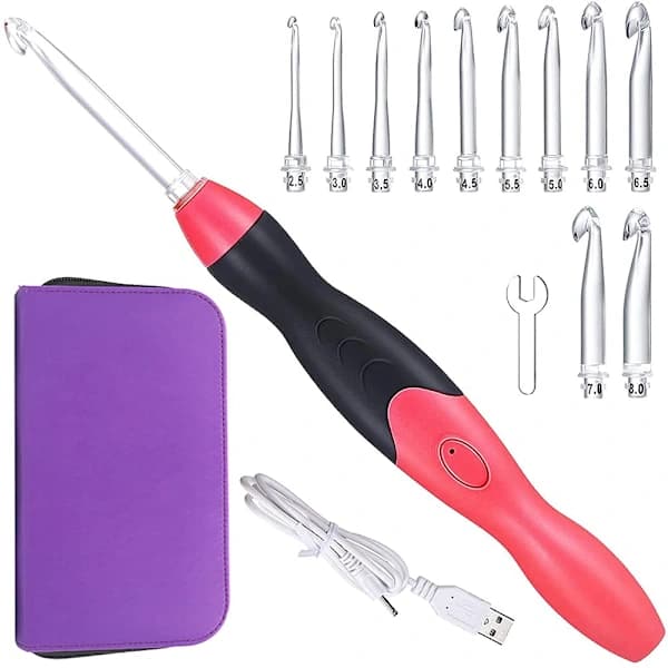 Luminous Crochet Hook Set - 11 Sizes Interchangeable Heads. With Case, USB Rechargeable LED Lighted Crochet Hook, A