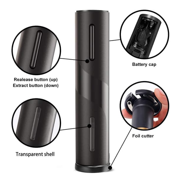 Battery-powered wine bottle opener with foil cutter, reusable automatic wine corkscrew with one-button operation for wine
