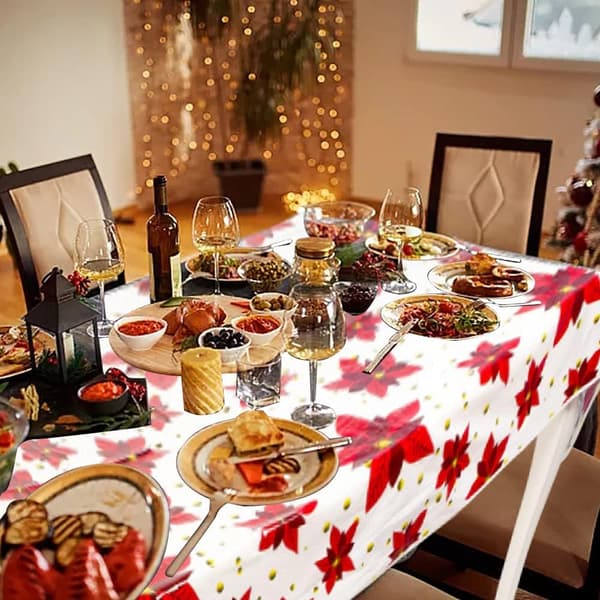 Julebordsduk Sett med 3 Juleblomstbordsduker 150 x 220 cm Xmas Rektangulær Fest Vanntett Bordsduk for Vinterferiefest Flik