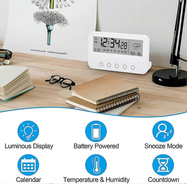 Digital alarm clock for bedroom, battery-powered desk clock, with countdown, weather, night light, date