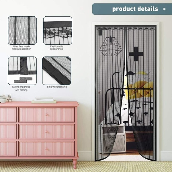 Myggenet Magnetisk Dør 90x210 cm, Ultra Fint Mesh, Magnetisk Lukning, Selvklæbende Bånd Uden Boring, Myggenet