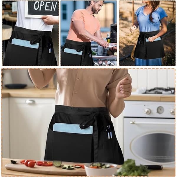 Short Apron with Pockets - Two-Piece Waist Apron - Unisex - With 3 Pockets - Chef Apron