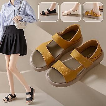 Women's Soft Flat Leather Sandals Casual Comfortable Round Toe Seaside Holiday Sandals (37 Black)
