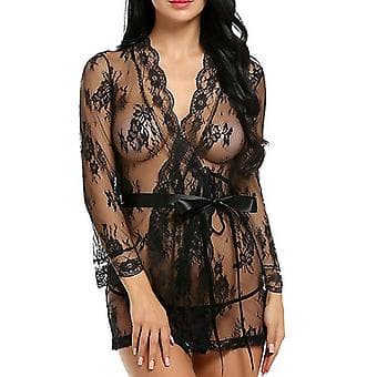 Sexiga spetsunderkläder för damer, nattlinne, sovplagg, stringtrosa, babydoll underklädesset (2XL Svart)