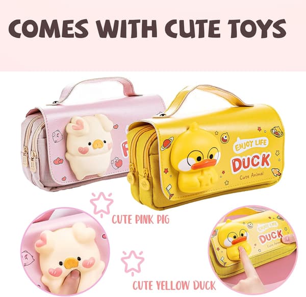 Pencil case, cute yellow duck pencil case with decompression toy,
