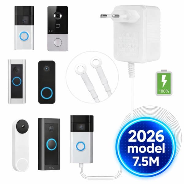 Video Dørklokke Strømadapter, 24V AC 500mA Plug-in Transformator Med 7.5m Kabel For Ring Eufy Smarte Dørklokker, Hvit