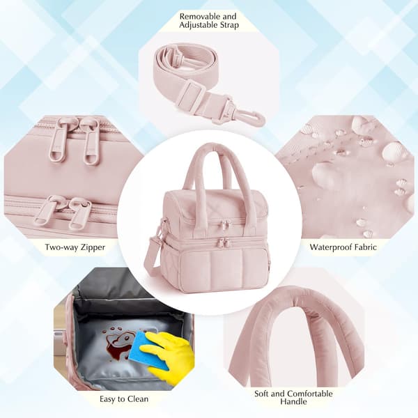 Insulated Lunch Bag, Double Deck Leakproof Cooler Bag, Quilted Puffer Design & Pink