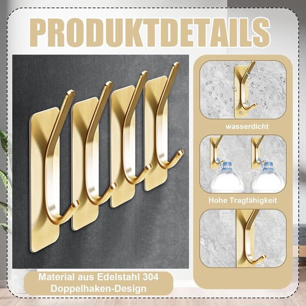 Self-adhesive wall hooks, 4-pack waterproof stainless steel double hooks, 3 kg capacity, bathroom kitchen, gold, 8.5 x 3 cm