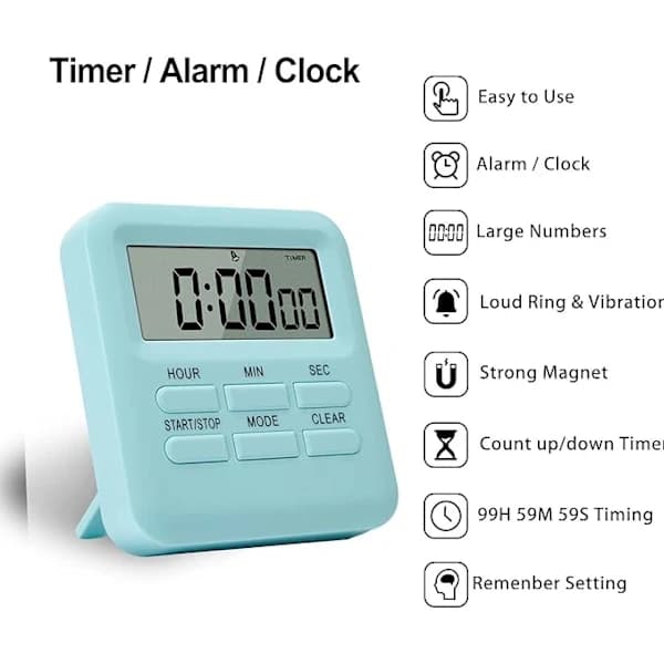 Digital køkkentimer med ur/vækkeur, magnetisk bagside, digital køkkentimer, køkkentimer, stopur, nedtællingstimer til køkken