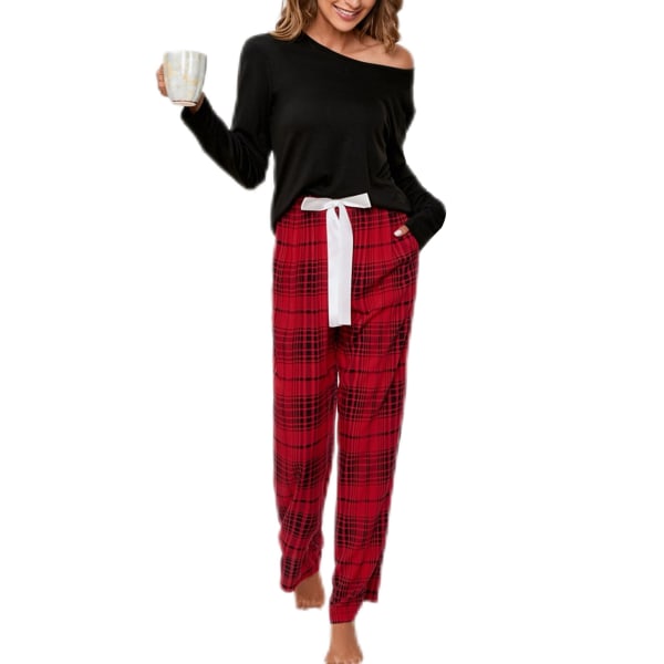 Friktidsdräkter Dam Rund Hals Lounge Set Sov Rutig Sovkläder Två Delar Outfits Elastisk Midja Loungewear, Färg: Svart, Storlek: M