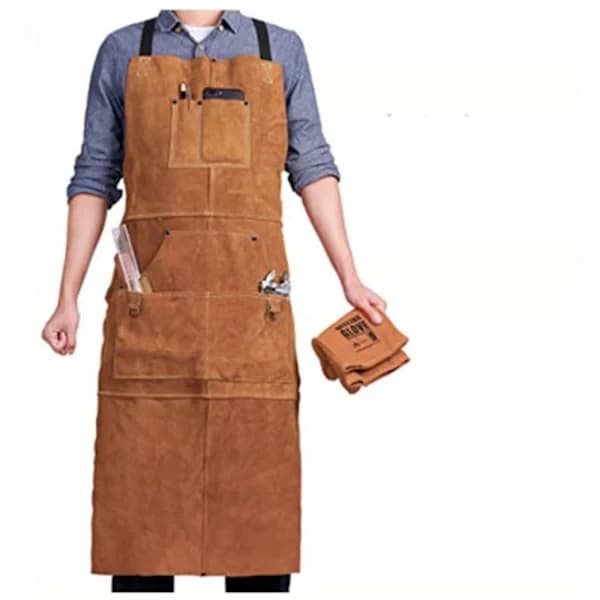 Split Leather Welding Apron Flame Retardant with 6 Pockets Adjustable Straps for Workshop Grilling Cooking 61 x 91 cm