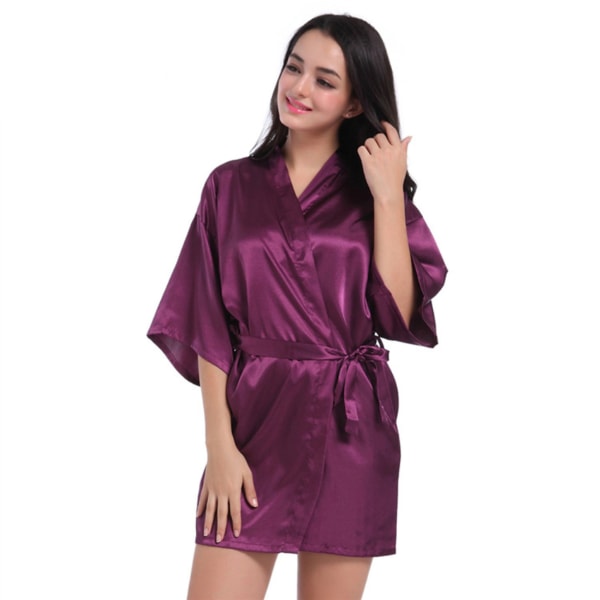 y Kvinnor Enfärgad Satin Kimono Robe Sovkläder Nattlinne Klänning Badrock||Lila||M