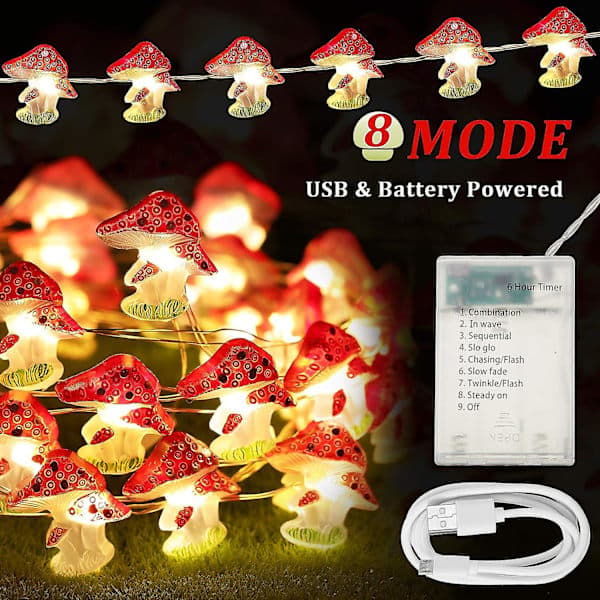 Mushroom Decorative Lights 3m 40 LED Mushroom String Lights Battery Operated Mushroom Night String Lights With 8 Lighting Modes Remote Control Timer