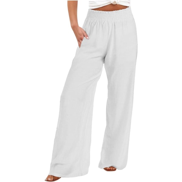 Palazzo-bukser i hør til kvinder Sommer afslappet højtaljede bukser med brede ben Boho Flowy Beach Lounge-bukser med lommer