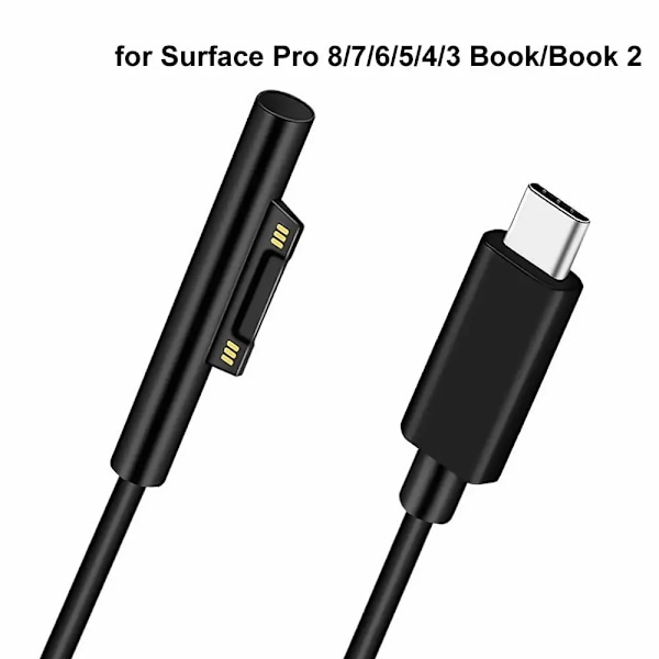 15V 3A Typ C Strömladdare Adapter USB C PD Laddningskabel för Microsoft Surface Pro 8/7/6/5/4/3 Laptop Book 3/2/1 GO Svart 1,5m