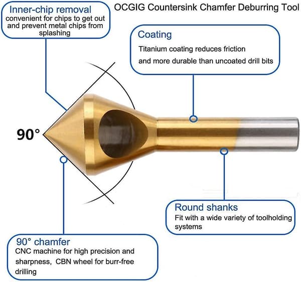 4 pcs Titanium Coated Countersink and Deburring Tool Set for Metal and Wood