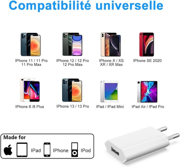 Net USB-oplader (2-pak), opladningstips til iPhone 8, 8 Plus, 5S, 6, 6S, 6 Plus, 6S Plus, 7, 7 Plus, XS, X, XS Max, iPod Touch 5G, 5V 1A Universal