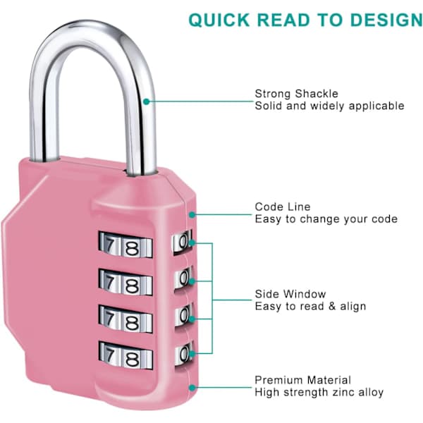 Combination Padlock, 4-Digit Code Lock, Gym Padlock, School Locker Lock, Weatherproof Outdoor Combination Lock Rose Pink Pink