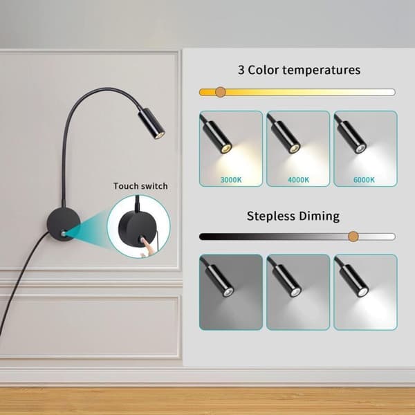 Wall Reading Lamp, LED Wall Lamp with Dimmable Touch Switch and USB Charging Port, 3W 360° Rotatable Bedside Reading Lamp with Plug and Cable for