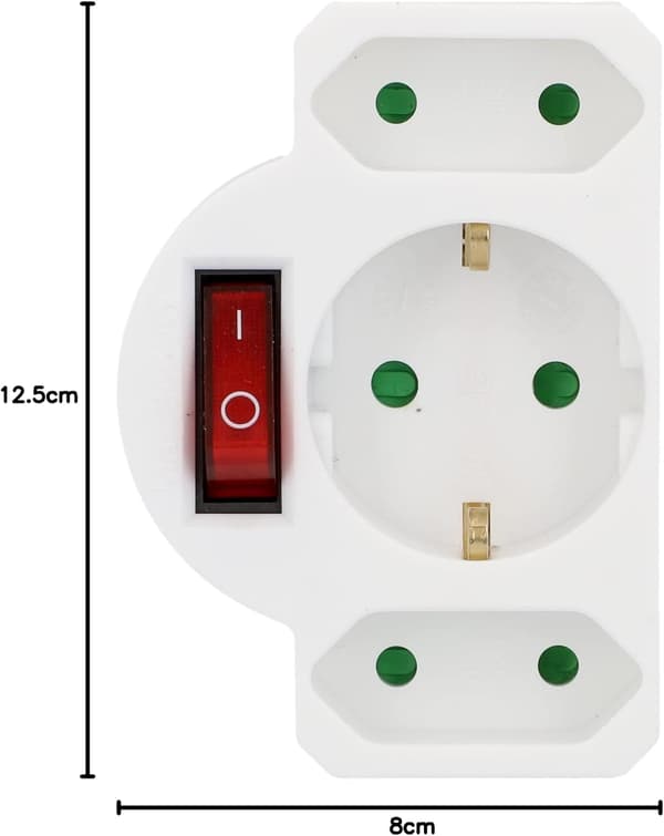 Intermediate plug with 1 Schuko switch and 2 Euro switches, with illuminated switch, white, loose