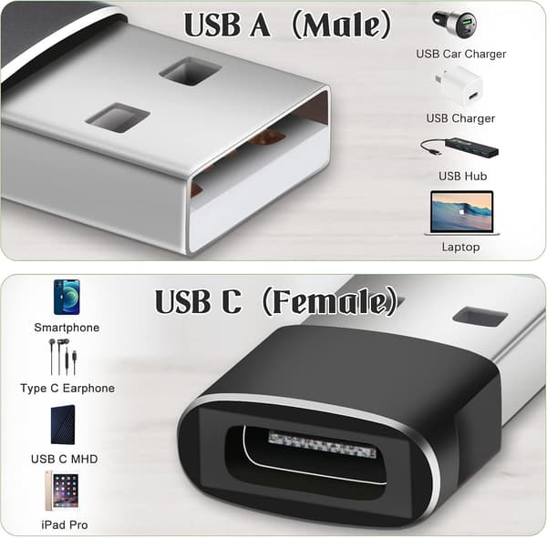 Sølvfarget USB C-hunn til USB-hann-adapter, hurtiglading og dataoverføring, adapter for iPhone 12/13