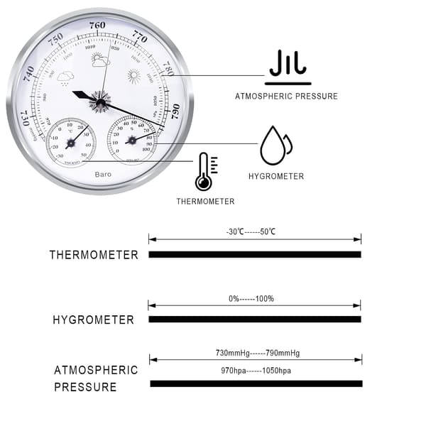 Analog værstasjon, barometer, termometer, hygrometer (sølv, 128 mm) sølv silver