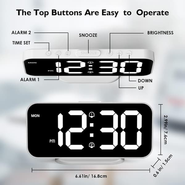 USB-powered Dimmable Digital Alarm Clock with Snooze Function and 2 USB Charging Ports (White)