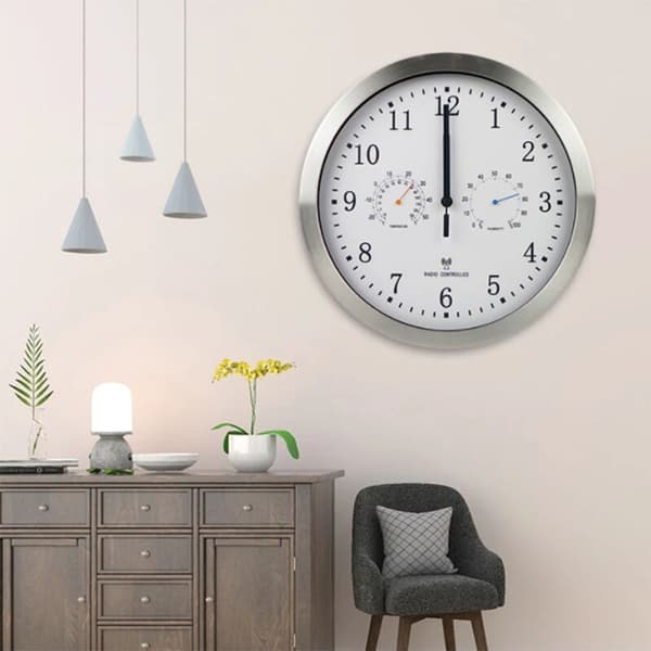 12 inch Automatic Time Setting Scanning Radio Controlled Clock Temperature Hygrometer Wall Clock Silent Design