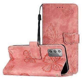 Compatible with Samsung Galaxy Note 20 Embossed Butterfly Case with Wallet and Stand Function - Rose Pink Pink