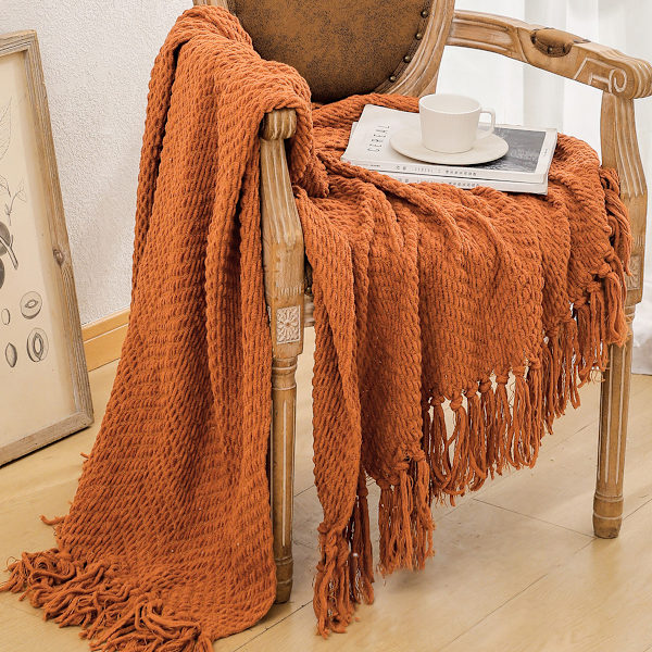 Textured Knit Throw Blanket with Tassels - Soft Cozy Blanket for Couch, Bed, Living Room - 127 x 165 cm caramel