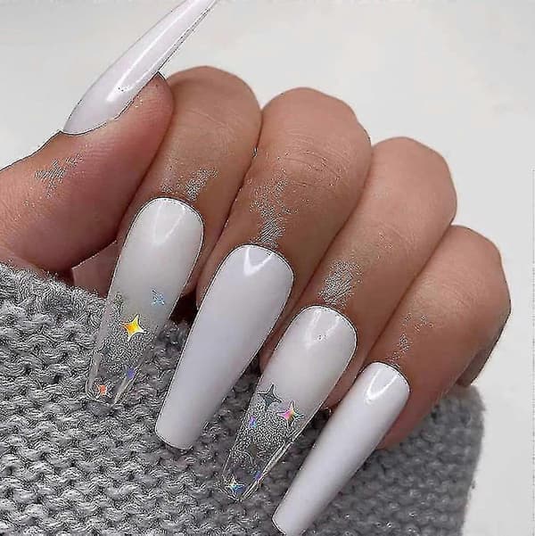 Coffin False Nails White Long False Nails Star Glitter Press On Nails 24pcs